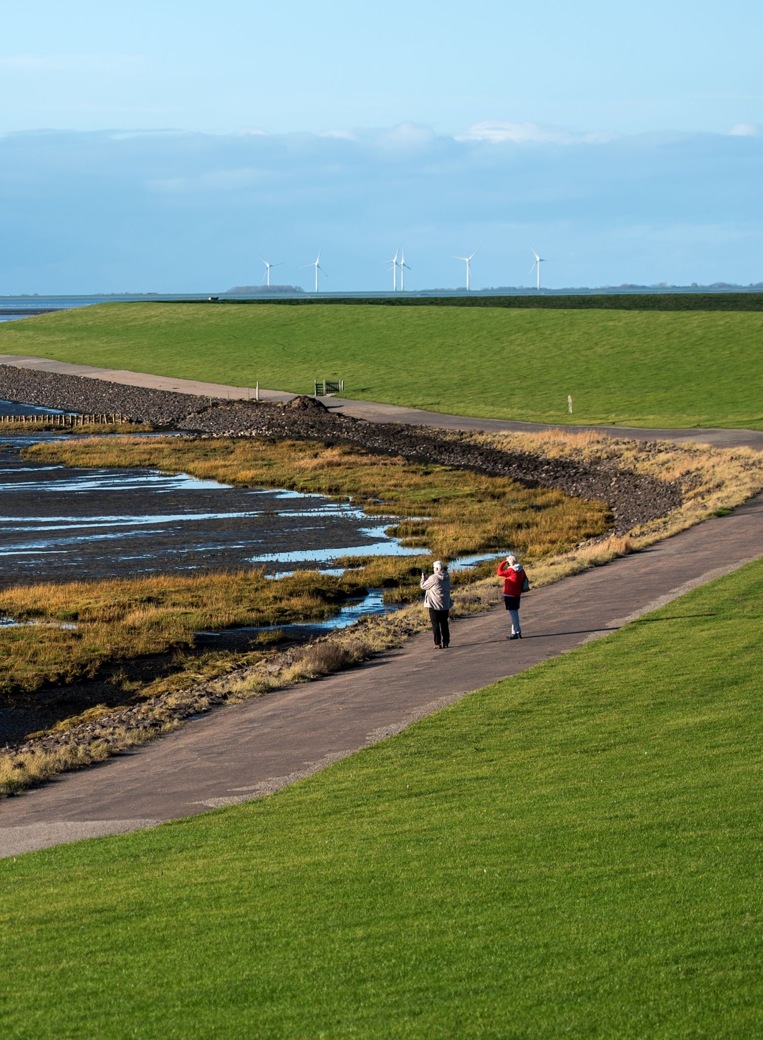 Menschen gehen an einem Deich an der Nordsee spazieren.