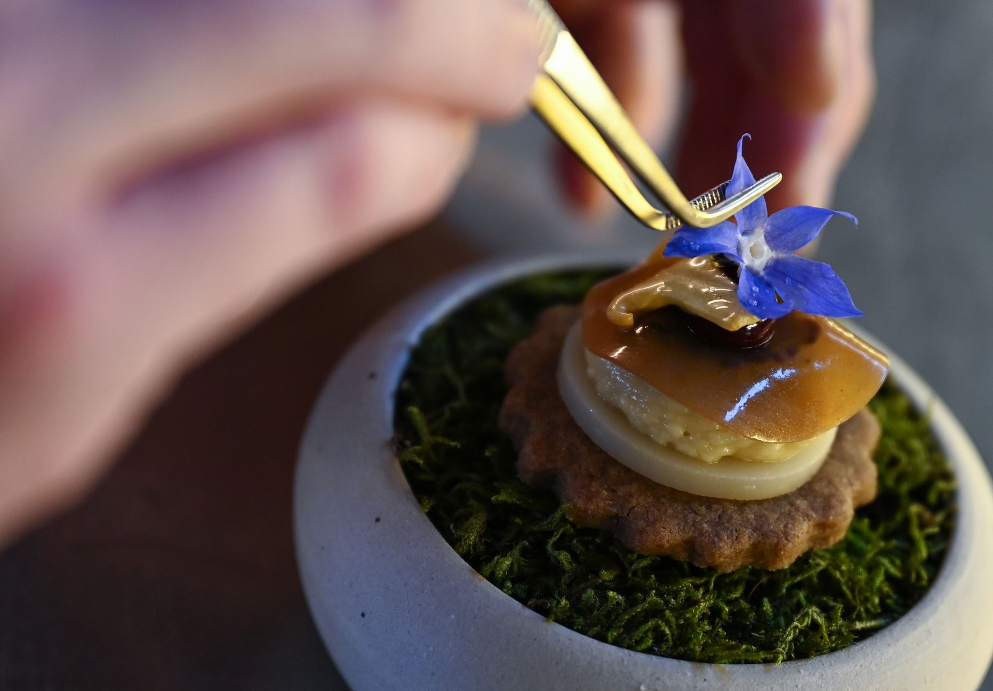 Ein Koch bereitet ein veganes Amuse-Bouche im Frankfurter Sterne-Restaurant «Seven Swans» zu.
