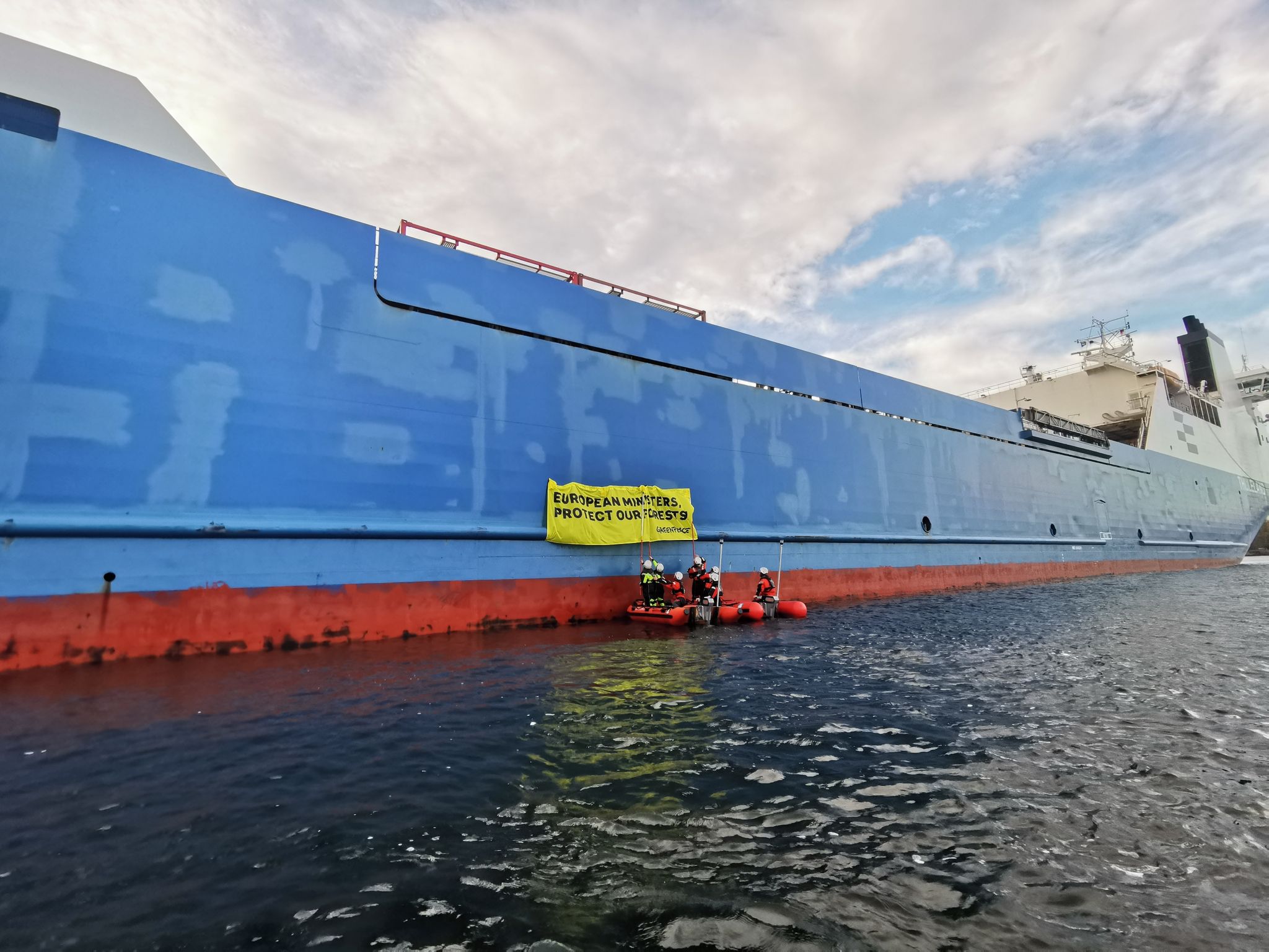 Greenpeace-Aktivisten bringen ein Banner an einem Cargo-Schiff an, das Papier geladen hat.