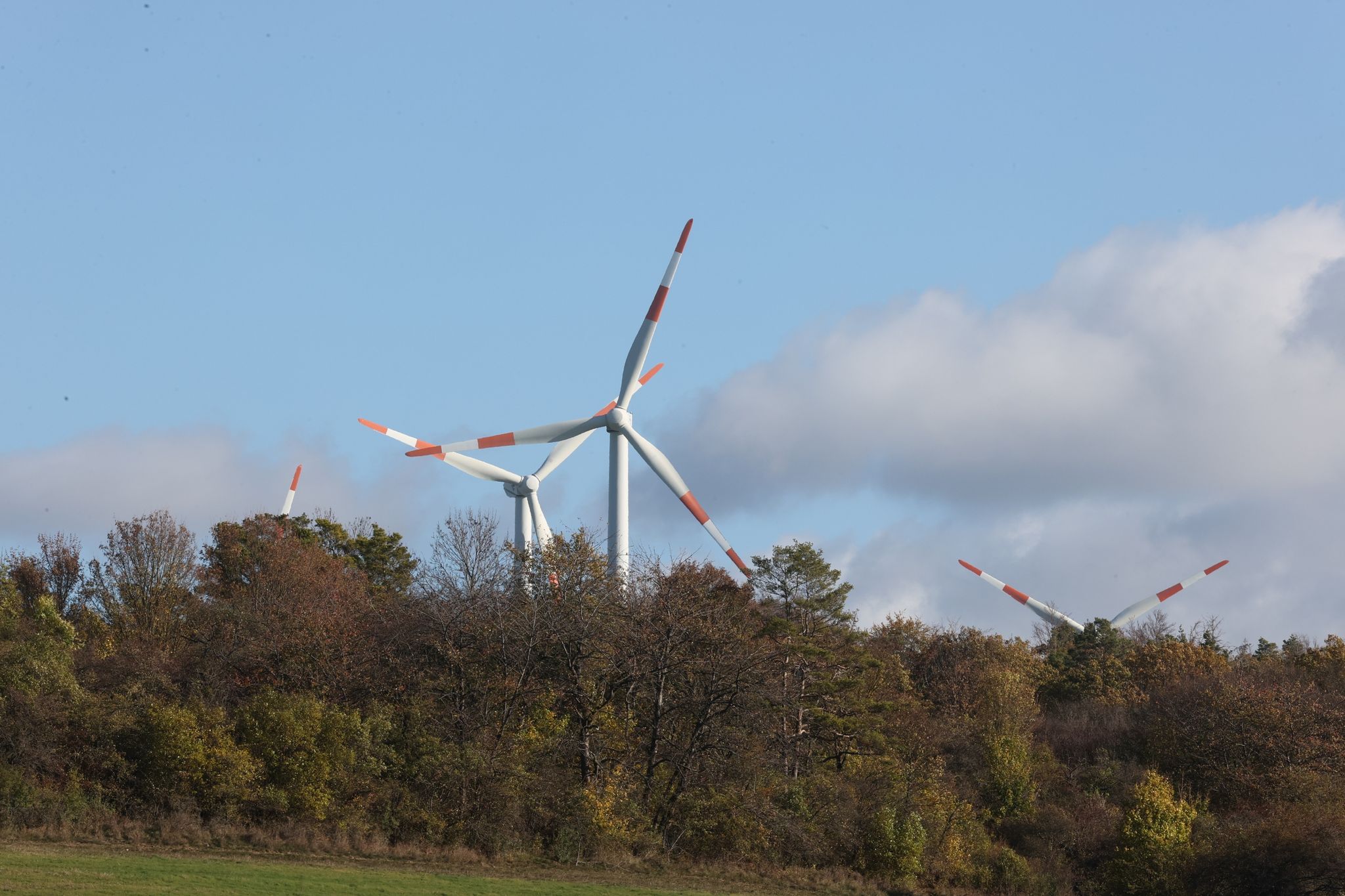 Windkrafträder stehen auf einem Feld bei Bucha in Thüringen.