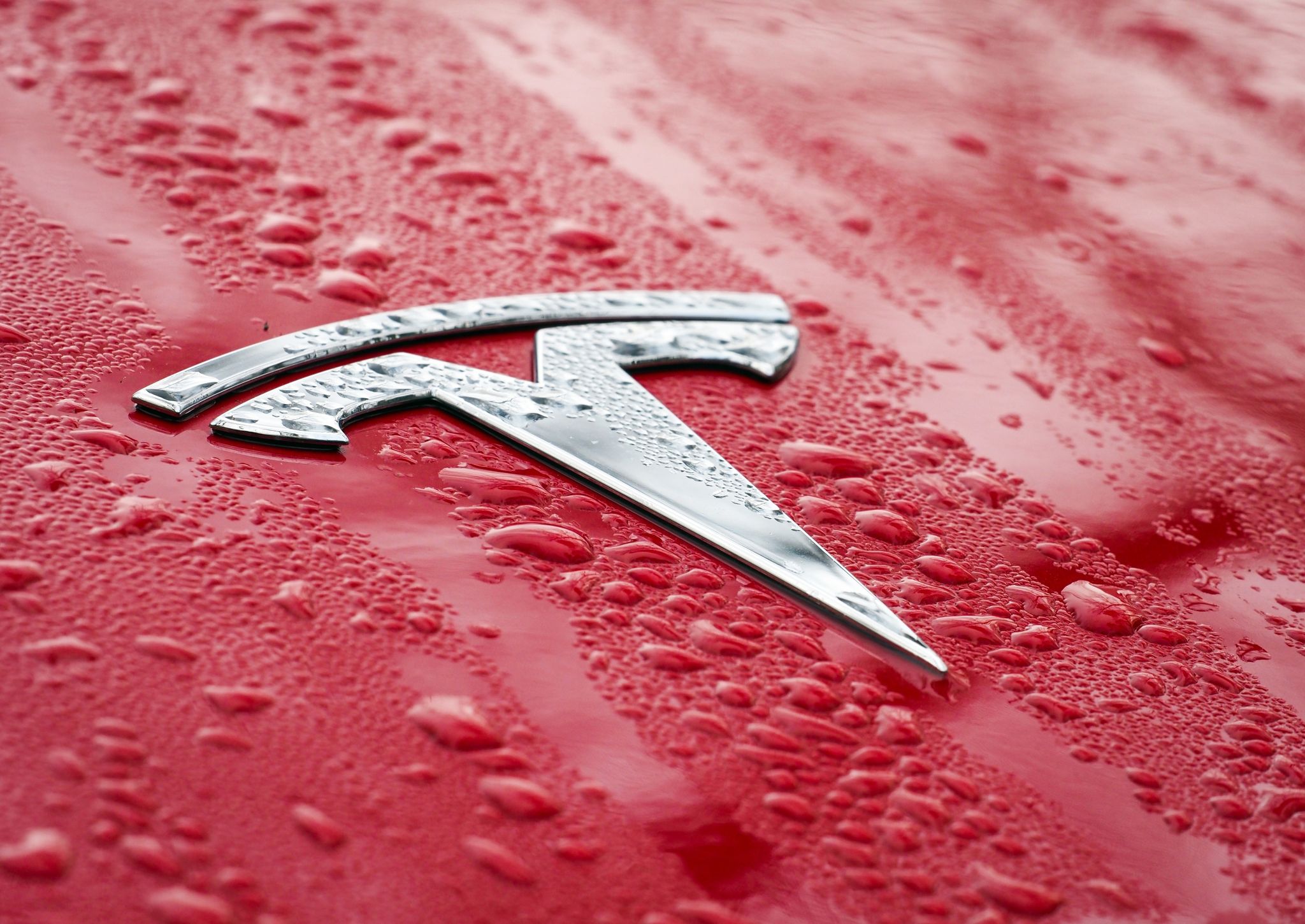 Das Logo auf der nassen Motorhaube eines roten Tesla.
