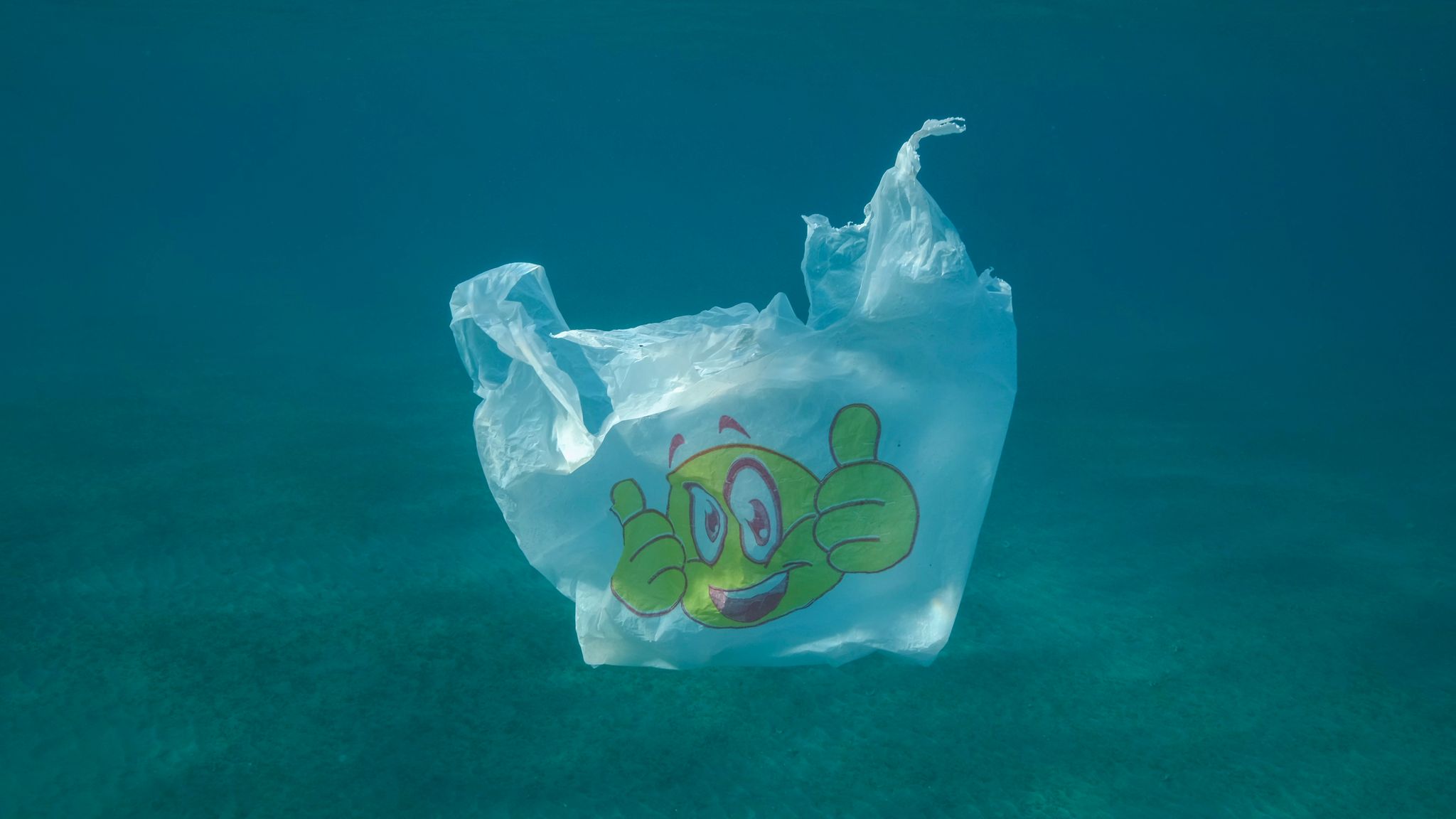 Eine Plastiktüte mit einem Smiley bedruckt treibt im Meer.