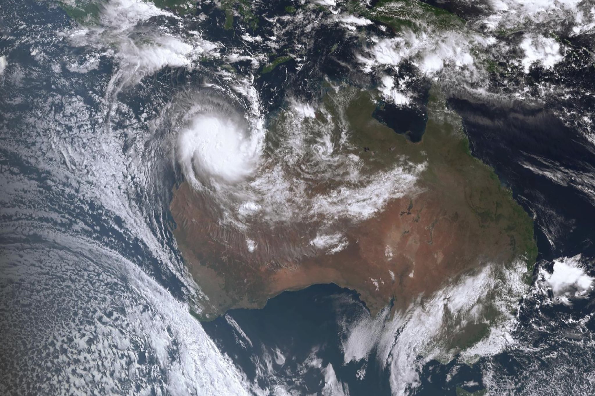 Ein vom Bureau of Meteorology bereitgestelltes Satellitenbild zeigt den tropischen Wirbelsturm Ilsa um 2:20 Uhr MESZ.