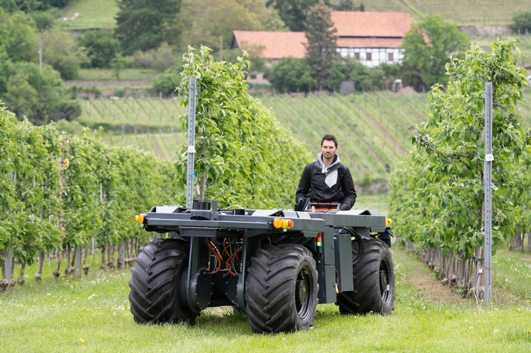 Patrick Richter, wissenschaftlicher Mitarbeiter TU Dresden, steuert auf einem Versuchsfeld des Landesumweltamtes einen Roboter für Obst- und Weinbau durch eine Apfelplantage.