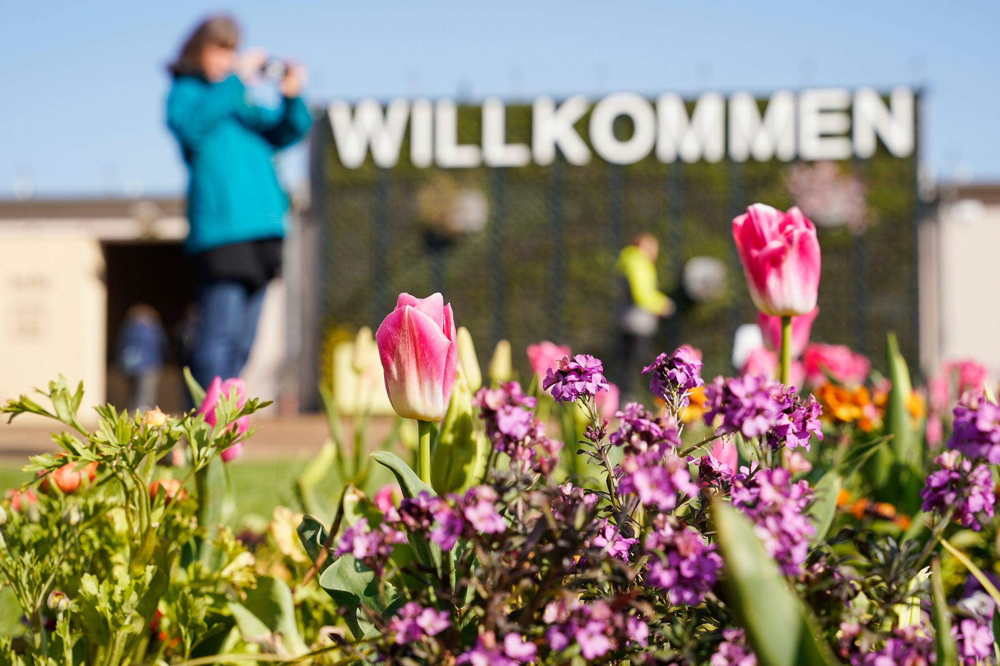 Eine Besucherin fotografiert Blumen vor dem Schriftzug «Willkommen» beim Start der Bundesgartenschau.
