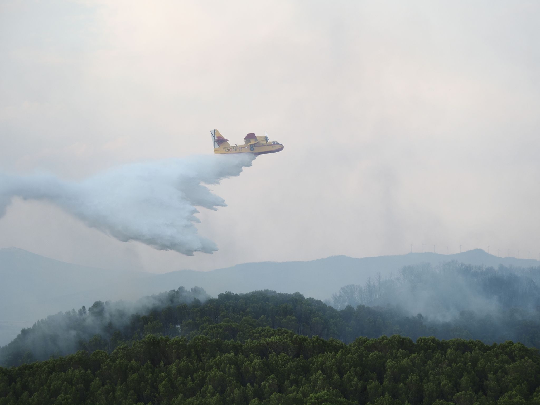 Ein Flugzeug der Luftwaffe versucht ein Feuer in Spanien zu löschen. Verheerende Waldbrände zeigen laut NEF-Experte Sebastian Mang die Schwere der Klimakrise.